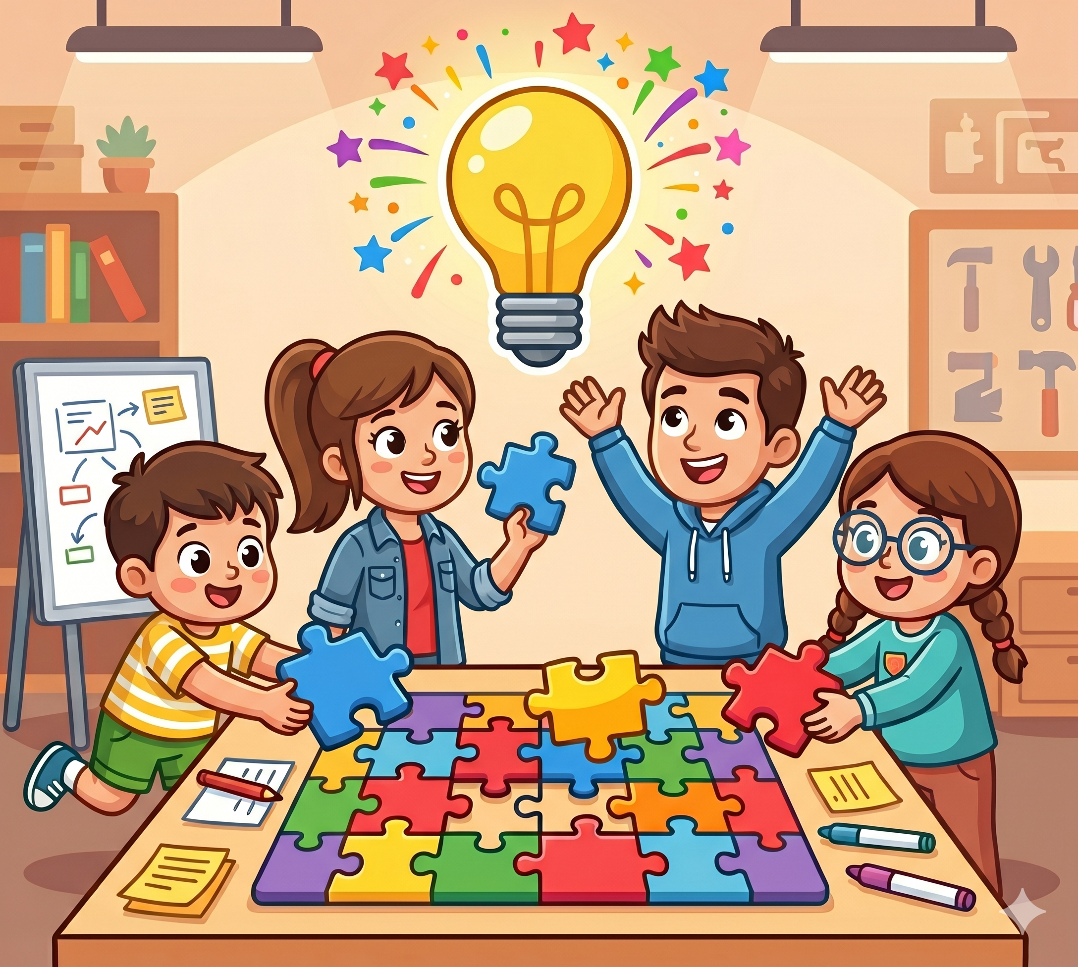 Dzieci układające puzzle pod świecącą żarówką